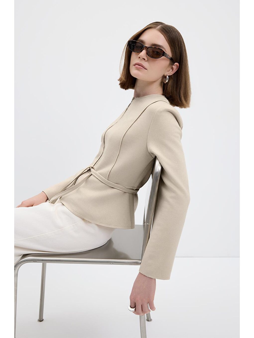 Fermuarlı Bisiklet Yaka Kısa Süet Ceket Bej-7