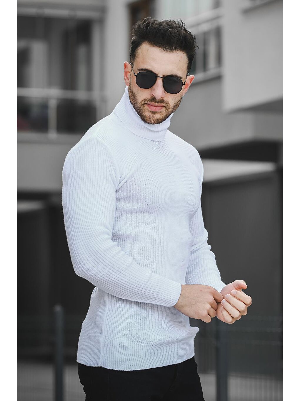 Oksit Beyaz 813 İnce Fitilli Slim Fit Erkek Boğazlı Kazak - 2