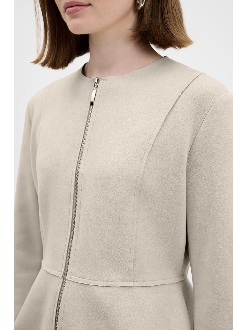 Fermuarlı Bisiklet Yaka Kısa Süet Ceket Bej-9