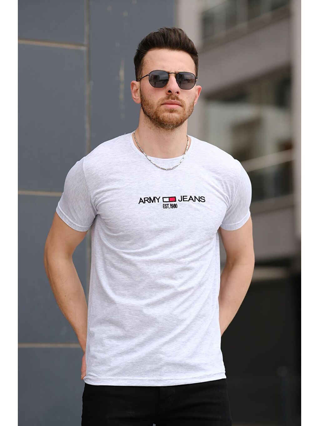 Gri Army Nakışlı Slim Fit Likralı Erkek Tişört