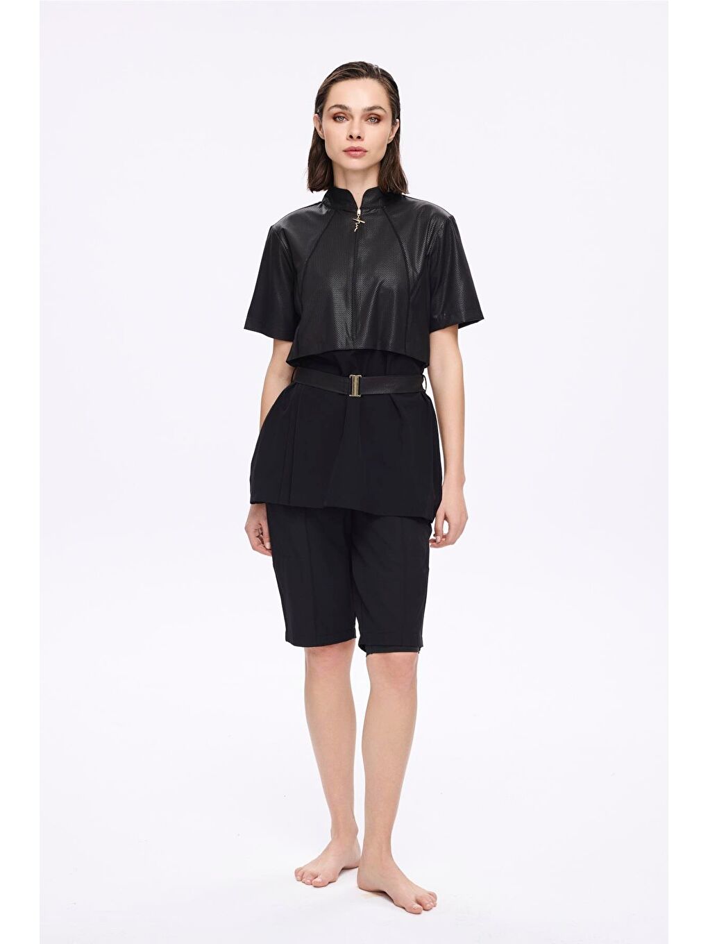 Kemer Toka Detaylı Dokulu Kumaş Siyah 5 Parça Yarı Kapalı Mayo Takımı 5039