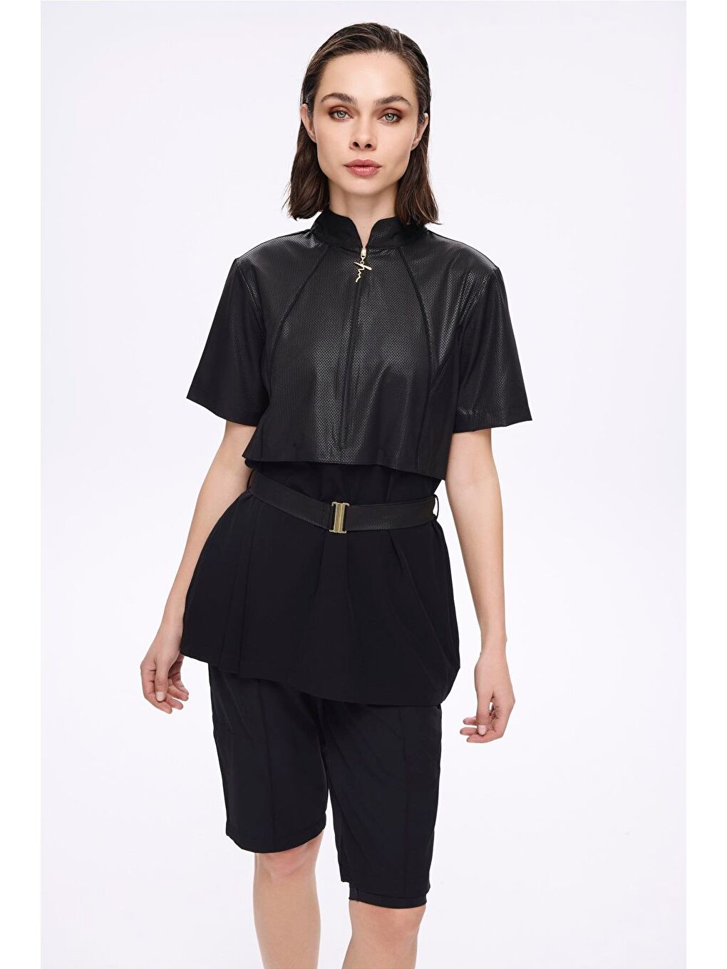 Kemer Toka Detaylı Dokulu Kumaş Siyah 5 Parça Yarı Kapalı Mayo Takımı 5039-2