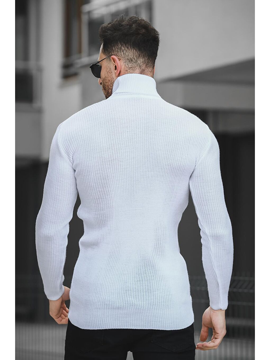 Oksit Beyaz 813 İnce Fitilli Slim Fit Erkek Boğazlı Kazak - 3