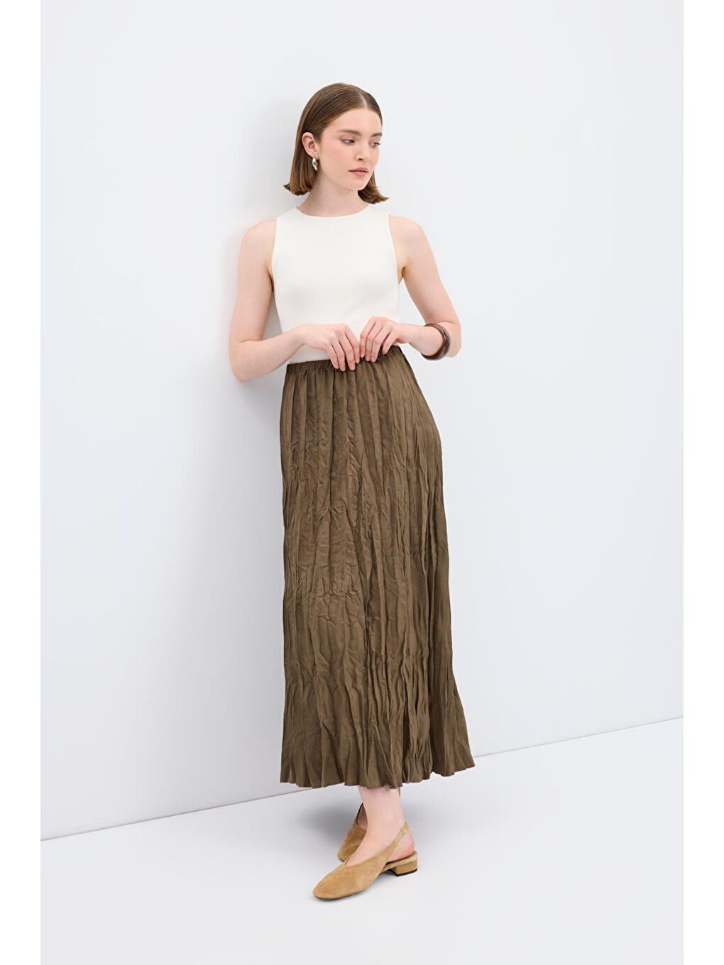 Kırışık Görünümlü Uzun Süet Etek Haki-1