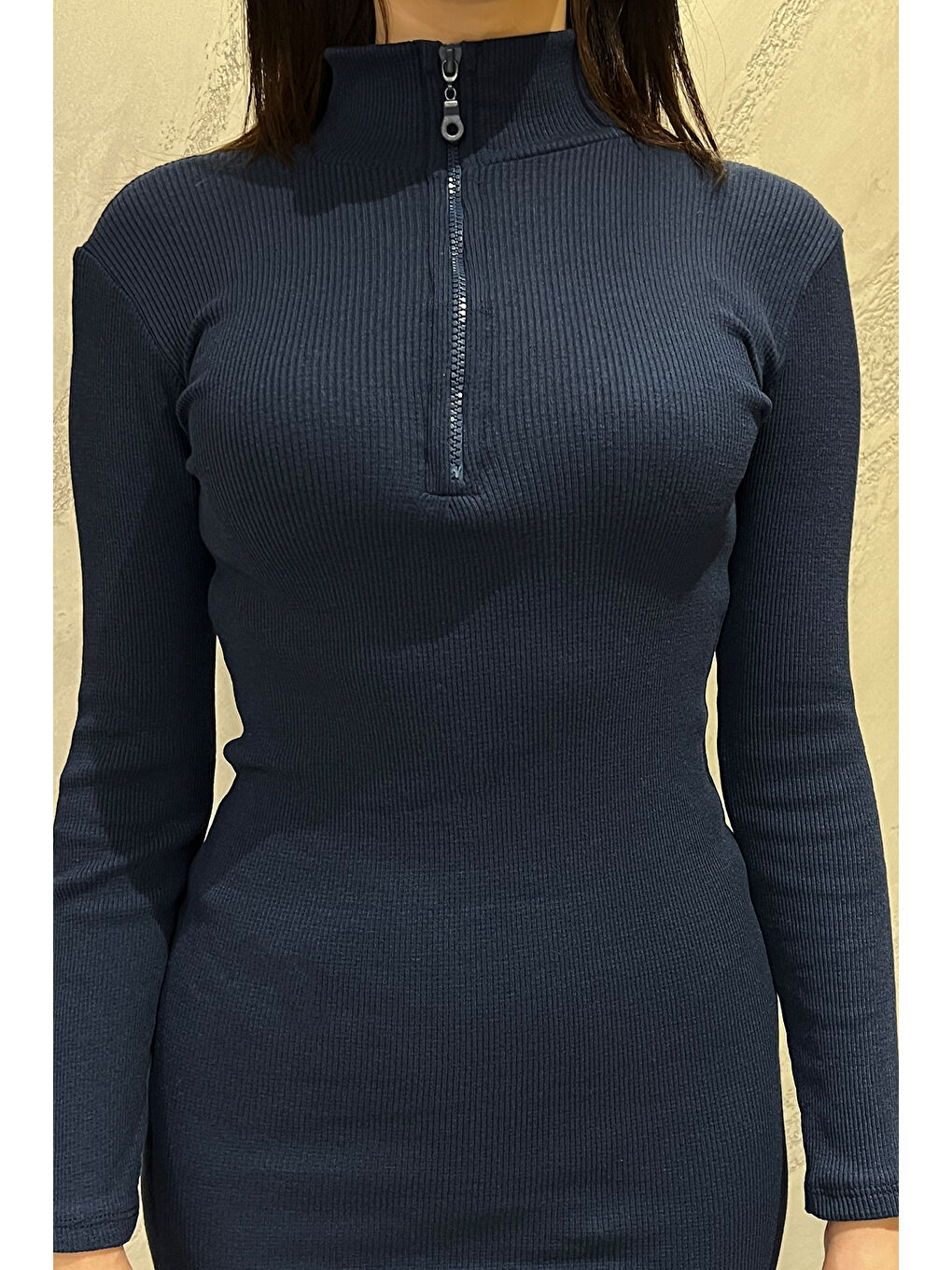 Lacivert Yarım Fermuarlı Elastanlı Kadın Elbise-2