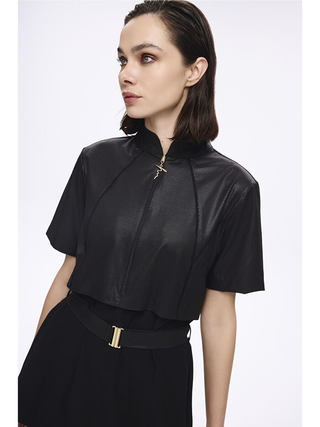 Kemer Toka Detaylı Dokulu Kumaş Siyah 5 Parça Yarı Kapalı Mayo Takımı 5039-3