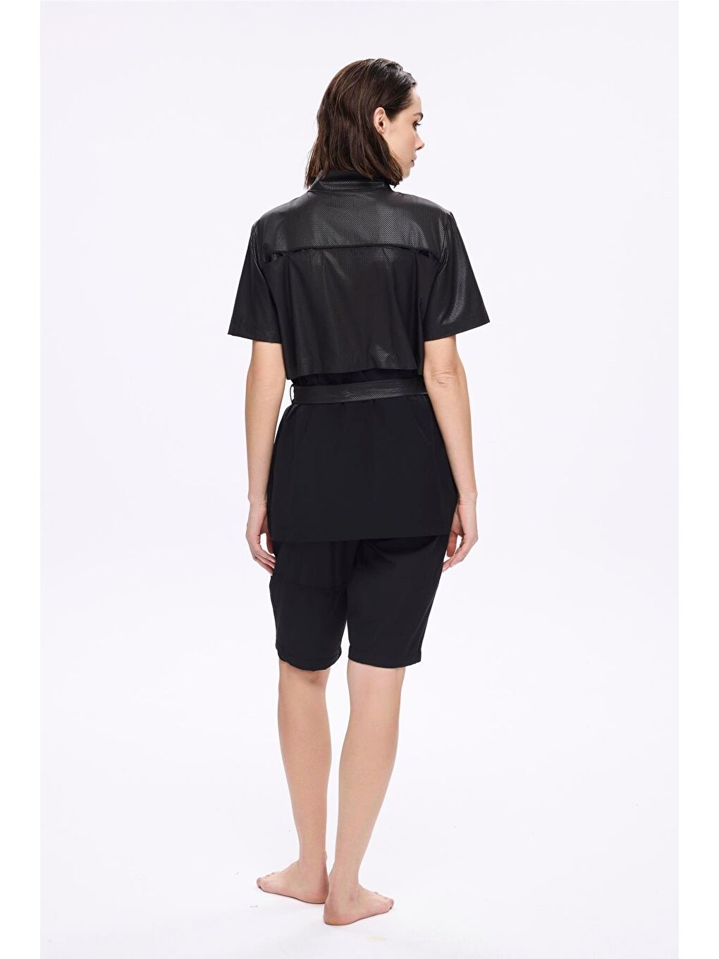 Kemer Toka Detaylı Dokulu Kumaş Siyah 5 Parça Yarı Kapalı Mayo Takımı 5039-4