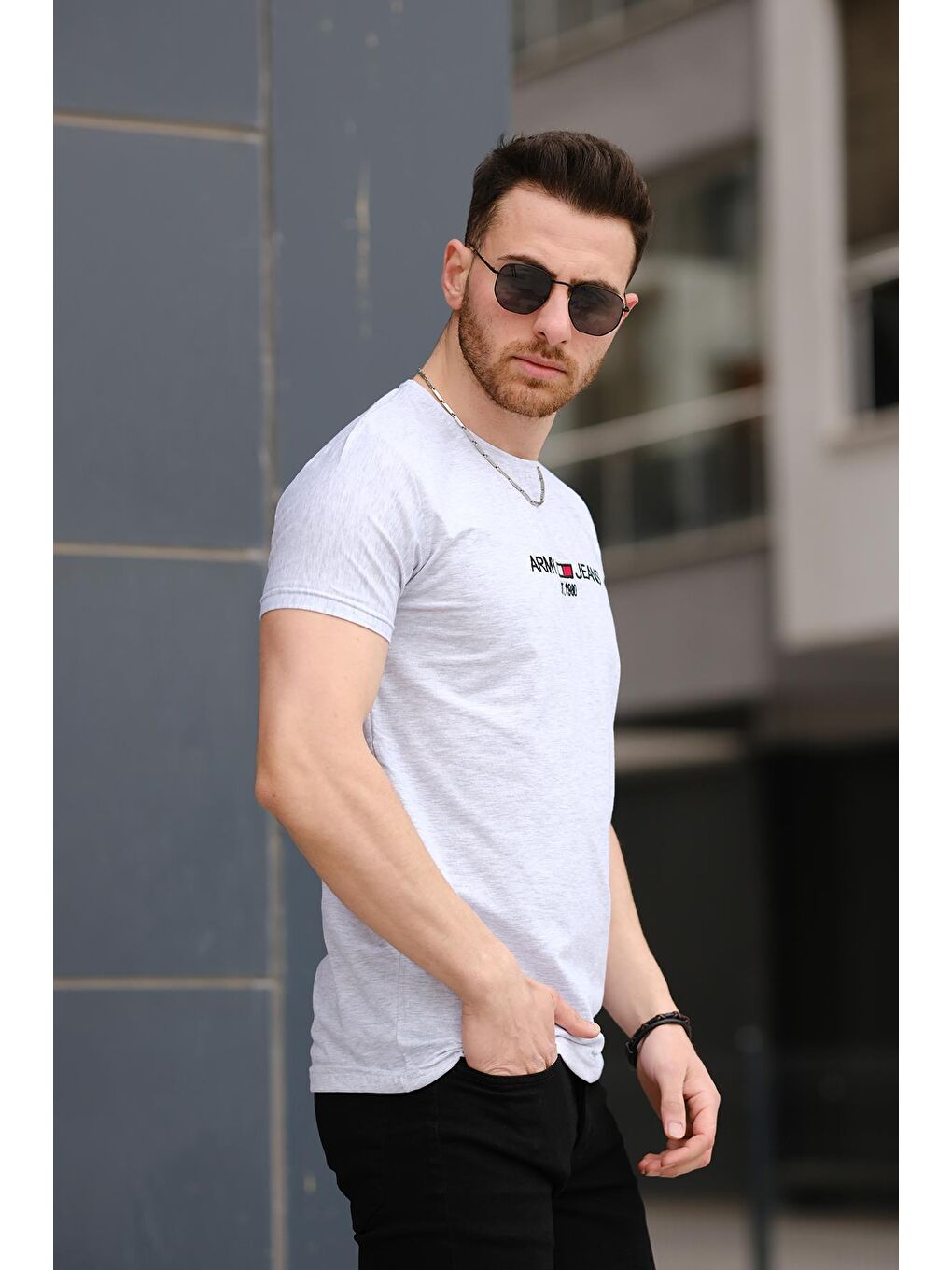 Gri Army Nakışlı Slim Fit Likralı Erkek Tişört-1