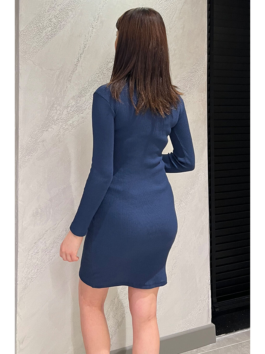 Lacivert Yarım Fermuarlı Elastanlı Kadın Elbise-3