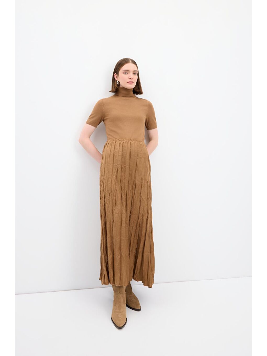 Kahverengi Kırışık Görünümlü Uzun Süet Etek Taba-2