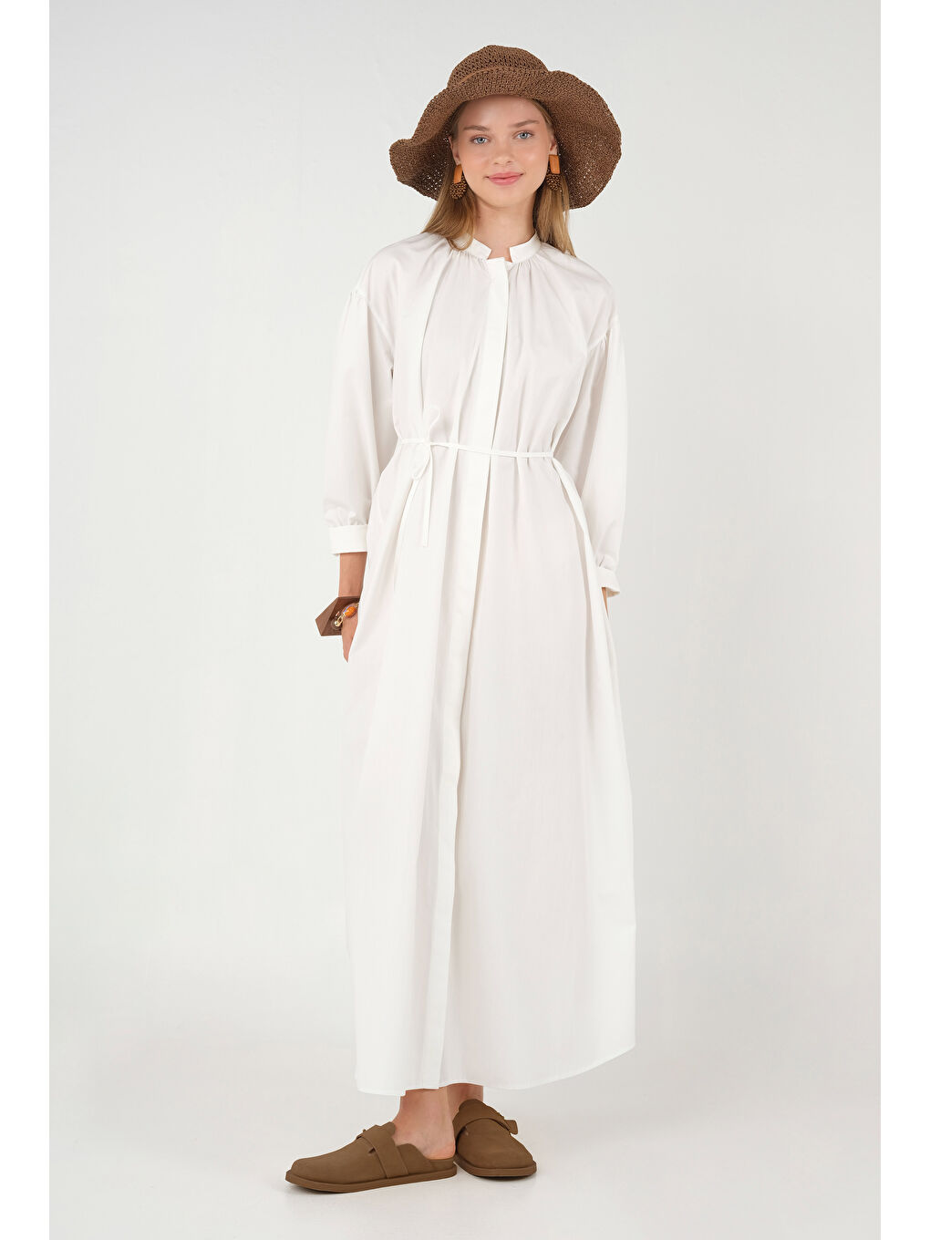 Yakası Büzgülü Poplin Elbise Beyaz-1