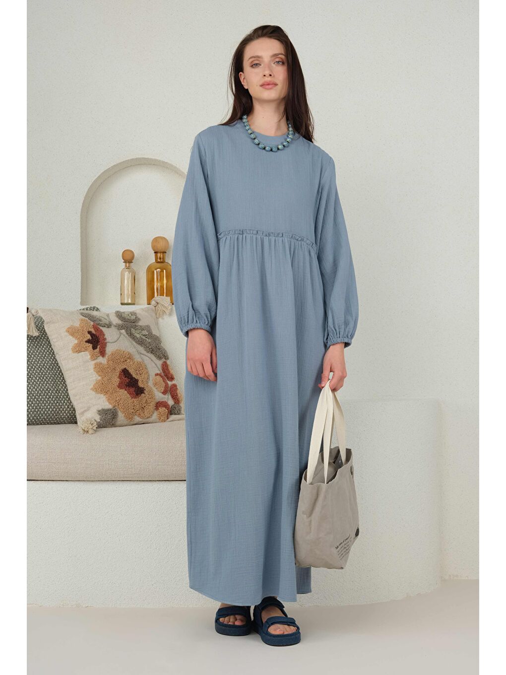 Müslin Elbise Pastel Mavi-1