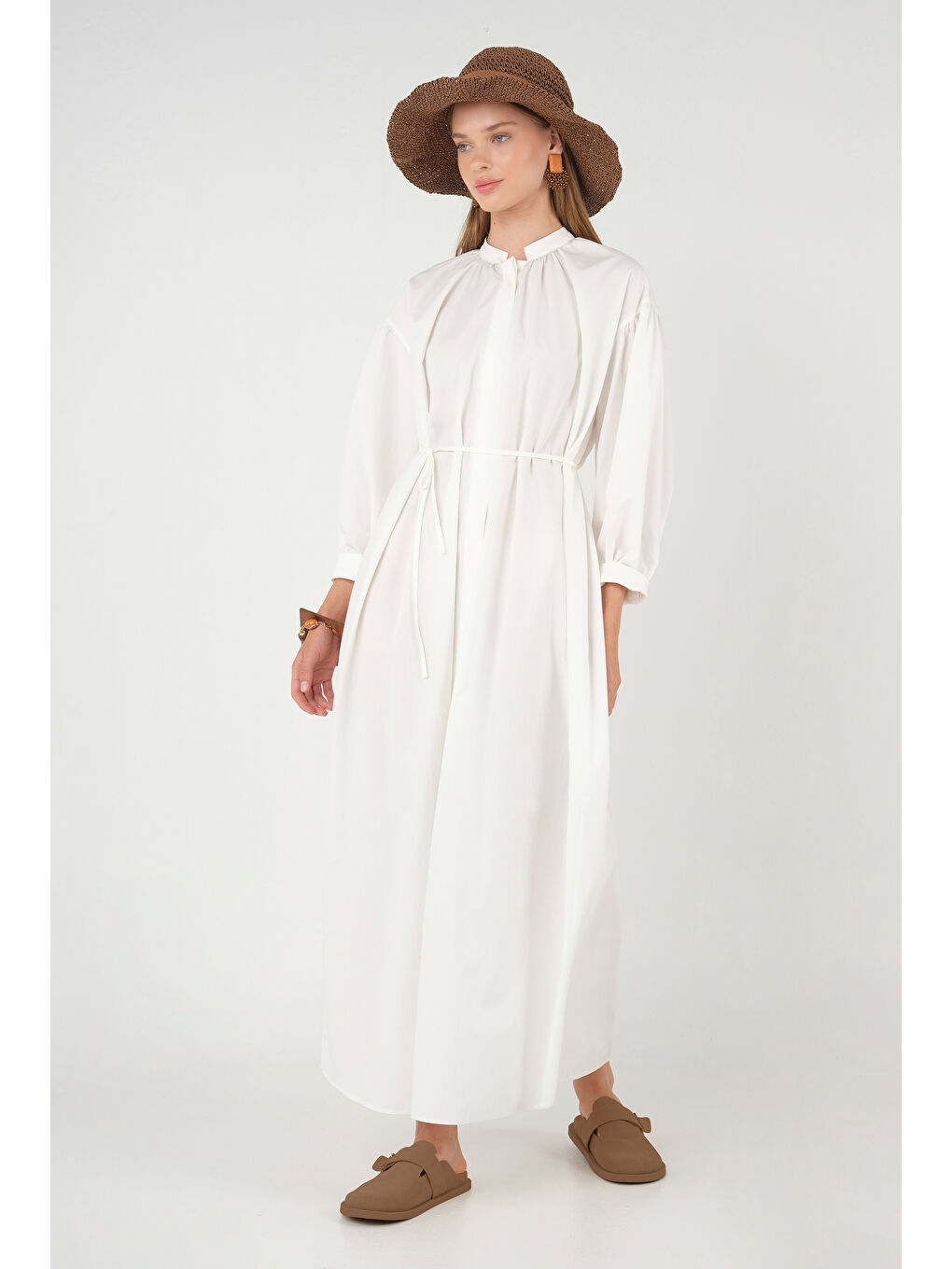 Yakası Büzgülü Poplin Elbise Beyaz-2