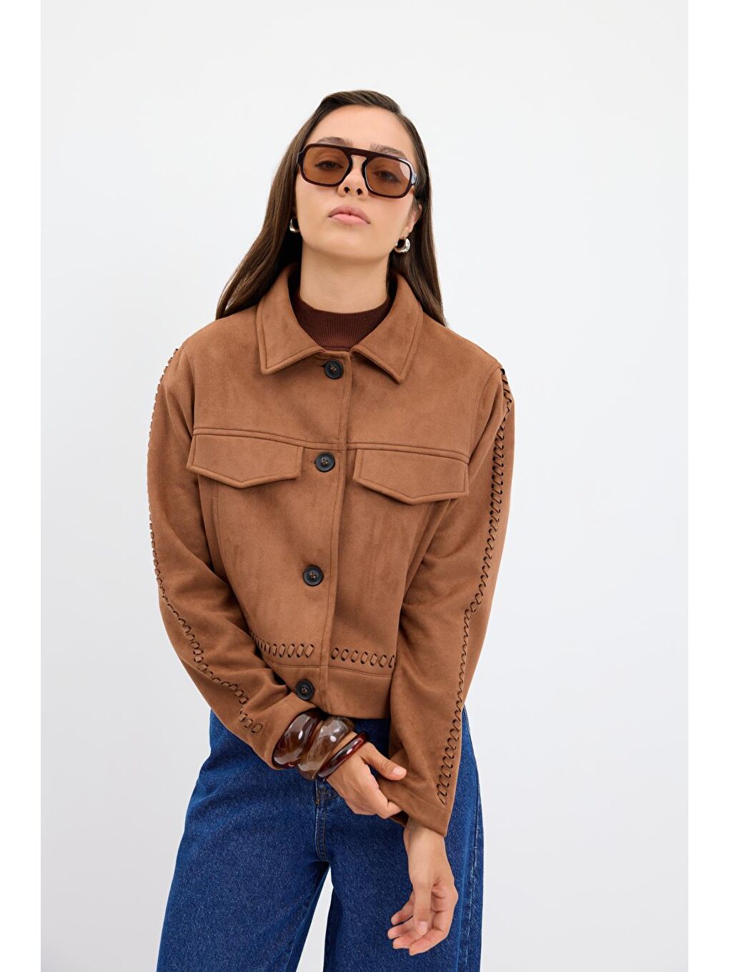 Kahverengi Örgü Detaylı Cepli Kısa Süet Ceket Taba-1