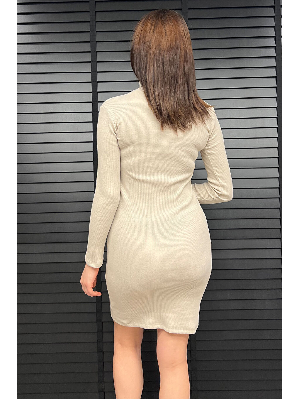 Bej Yarım Fermuarlı Elastanlı Kadın Elbise-3