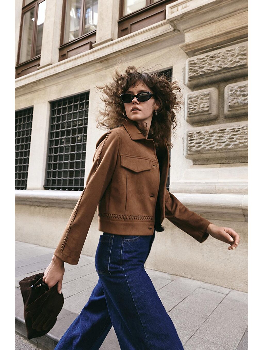 Kahverengi Örgü Detaylı Cepli Kısa Süet Ceket Taba-2