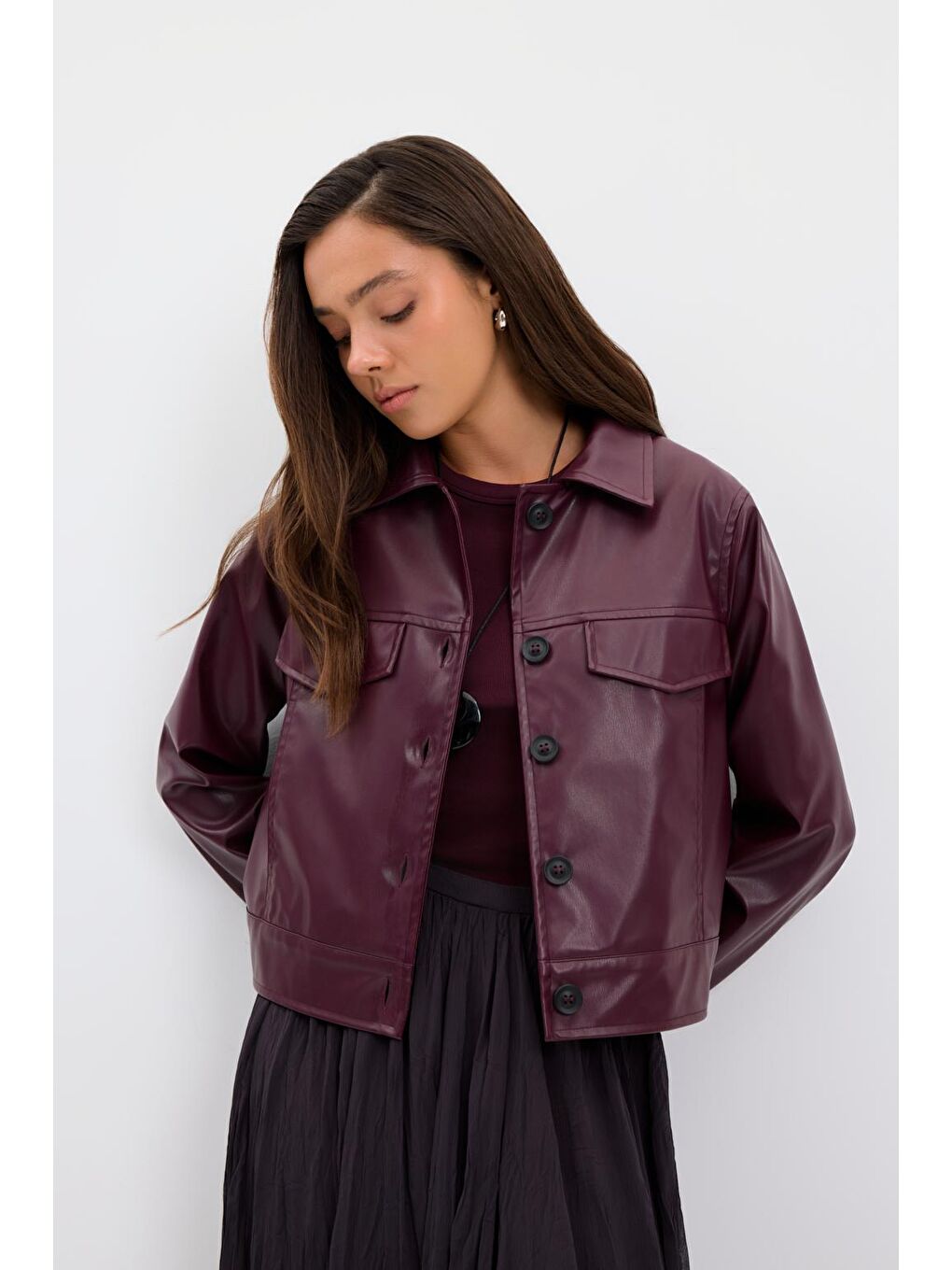 Kısa Suni Deri Ceket Bordo-2