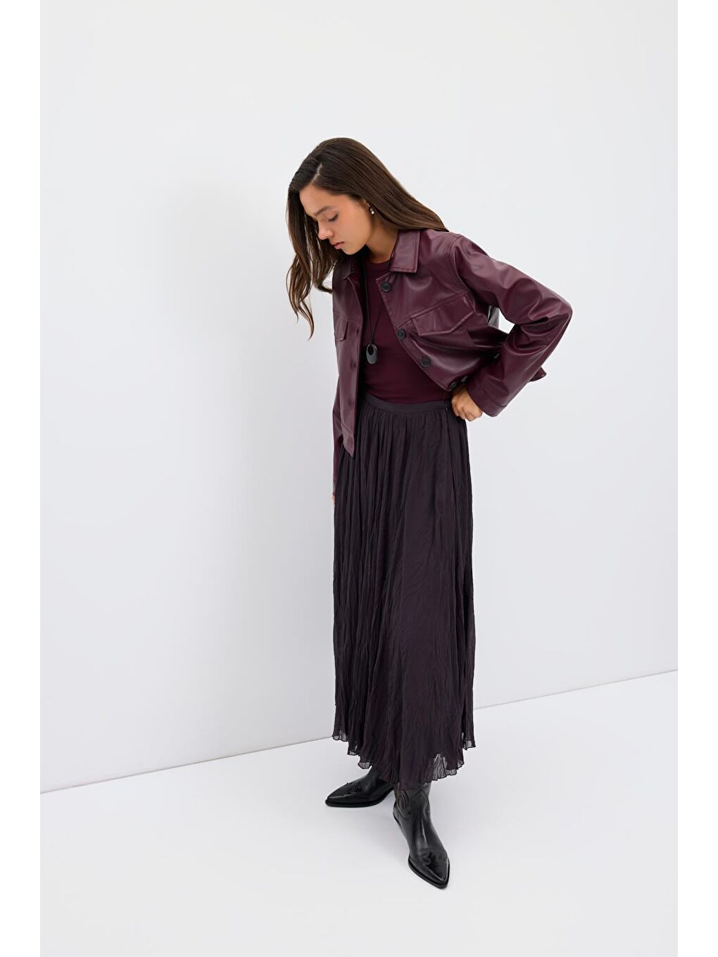 Kısa Suni Deri Ceket Bordo-3