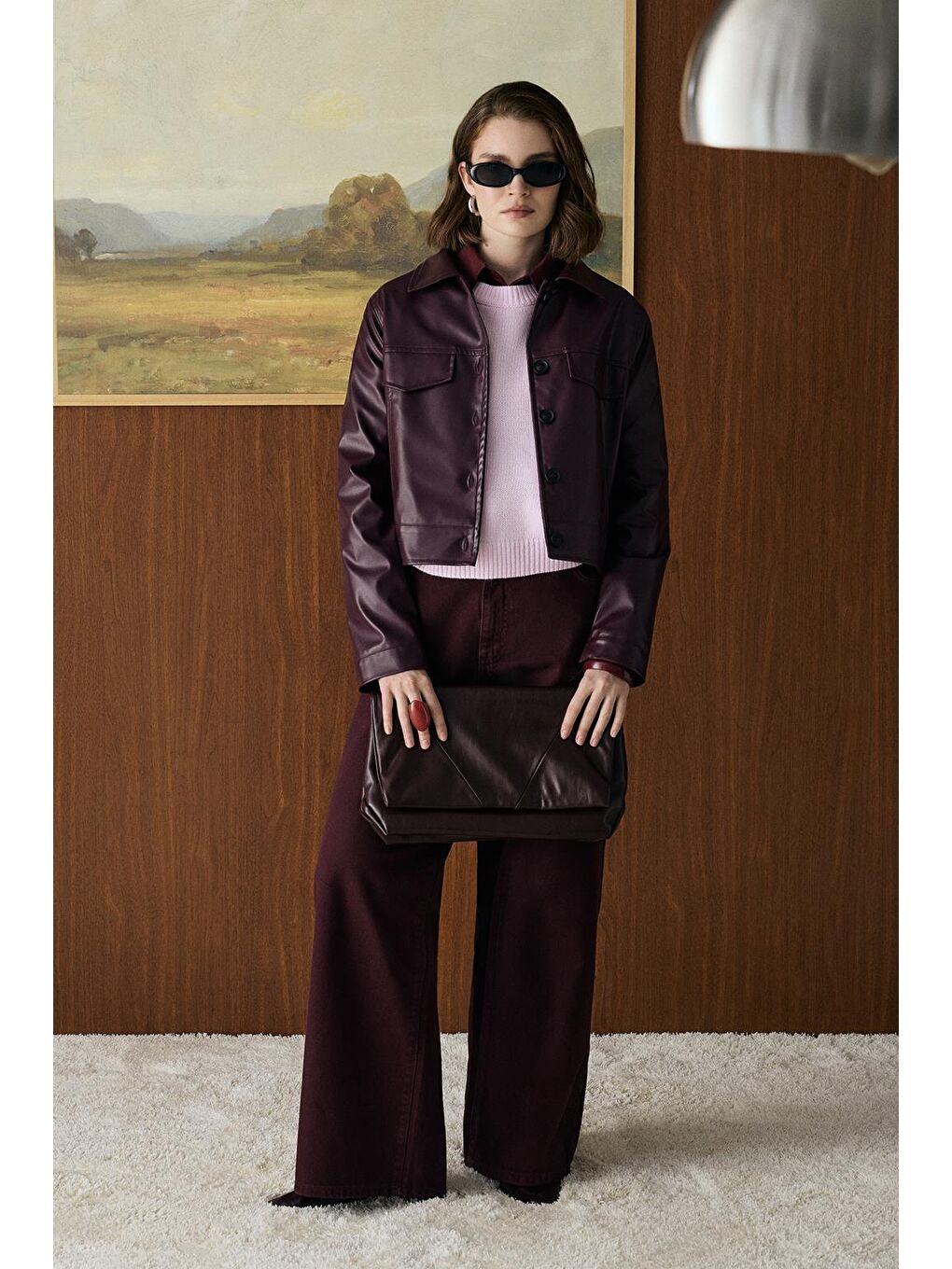 Kısa Suni Deri Ceket Bordo-4