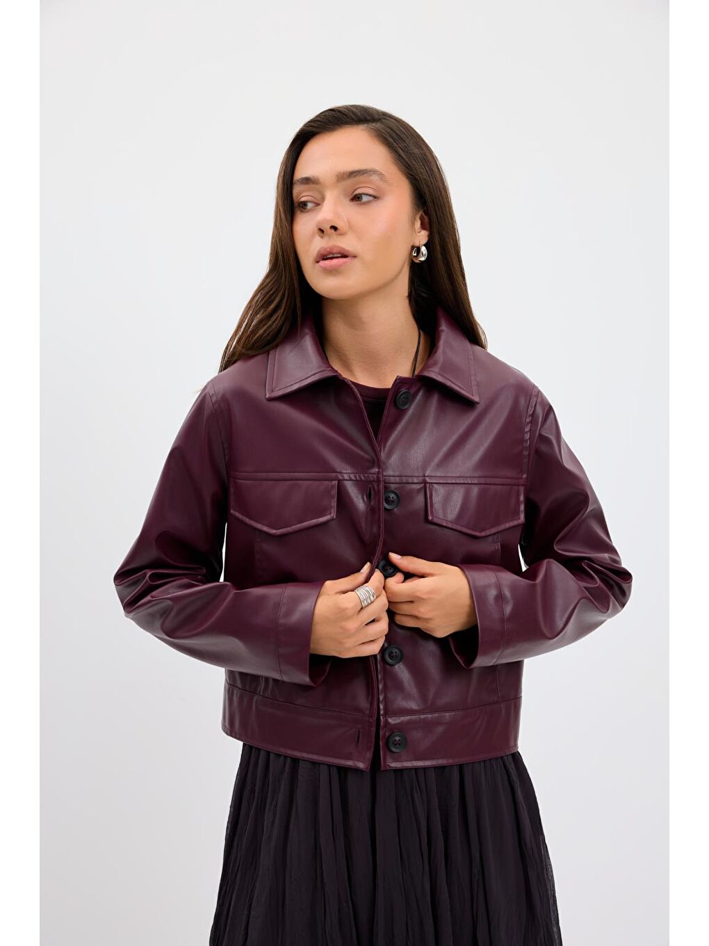 Kısa Suni Deri Ceket Bordo-5
