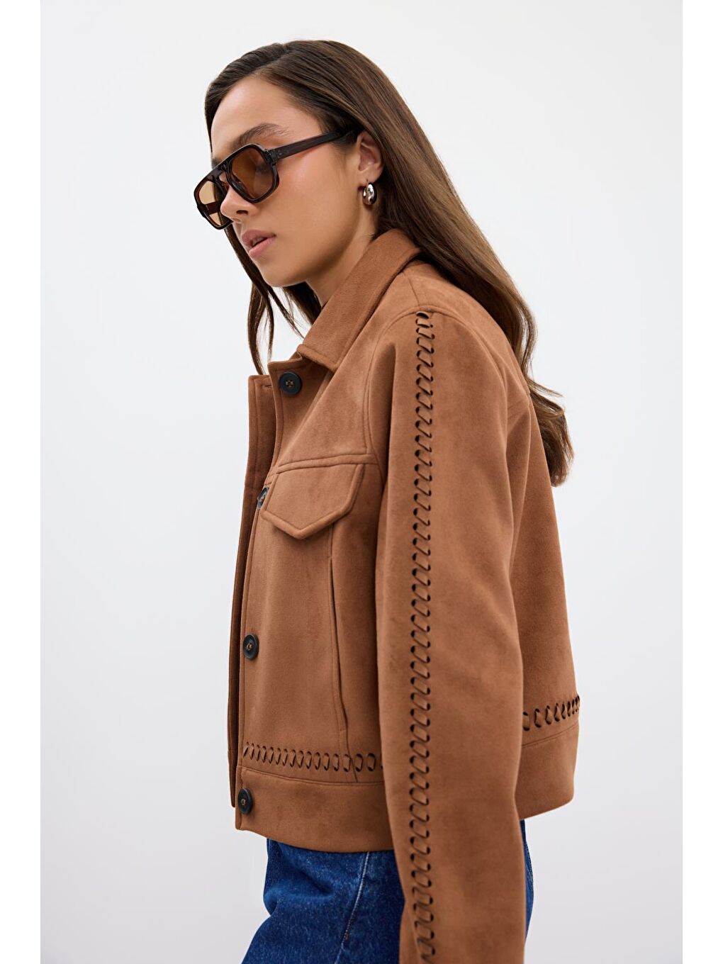 Kahverengi Örgü Detaylı Cepli Kısa Süet Ceket Taba-6
