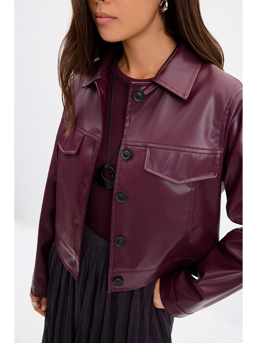 Kısa Suni Deri Ceket Bordo-6