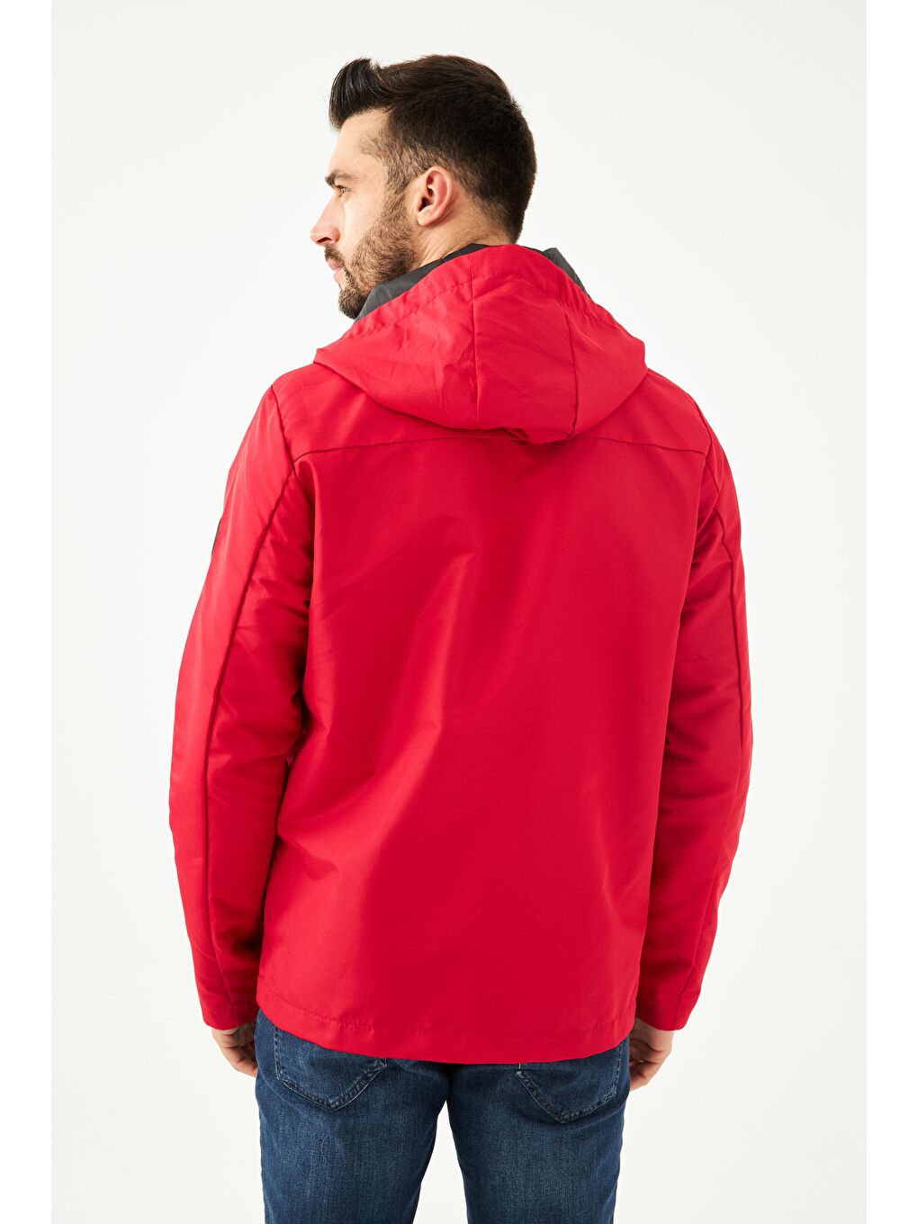 Kırmızı Erkek İçi Astarlı Suya Dayanıklı Kapüşonlu Cepli Yağmurluk - Rüzgarlık Y-23-5