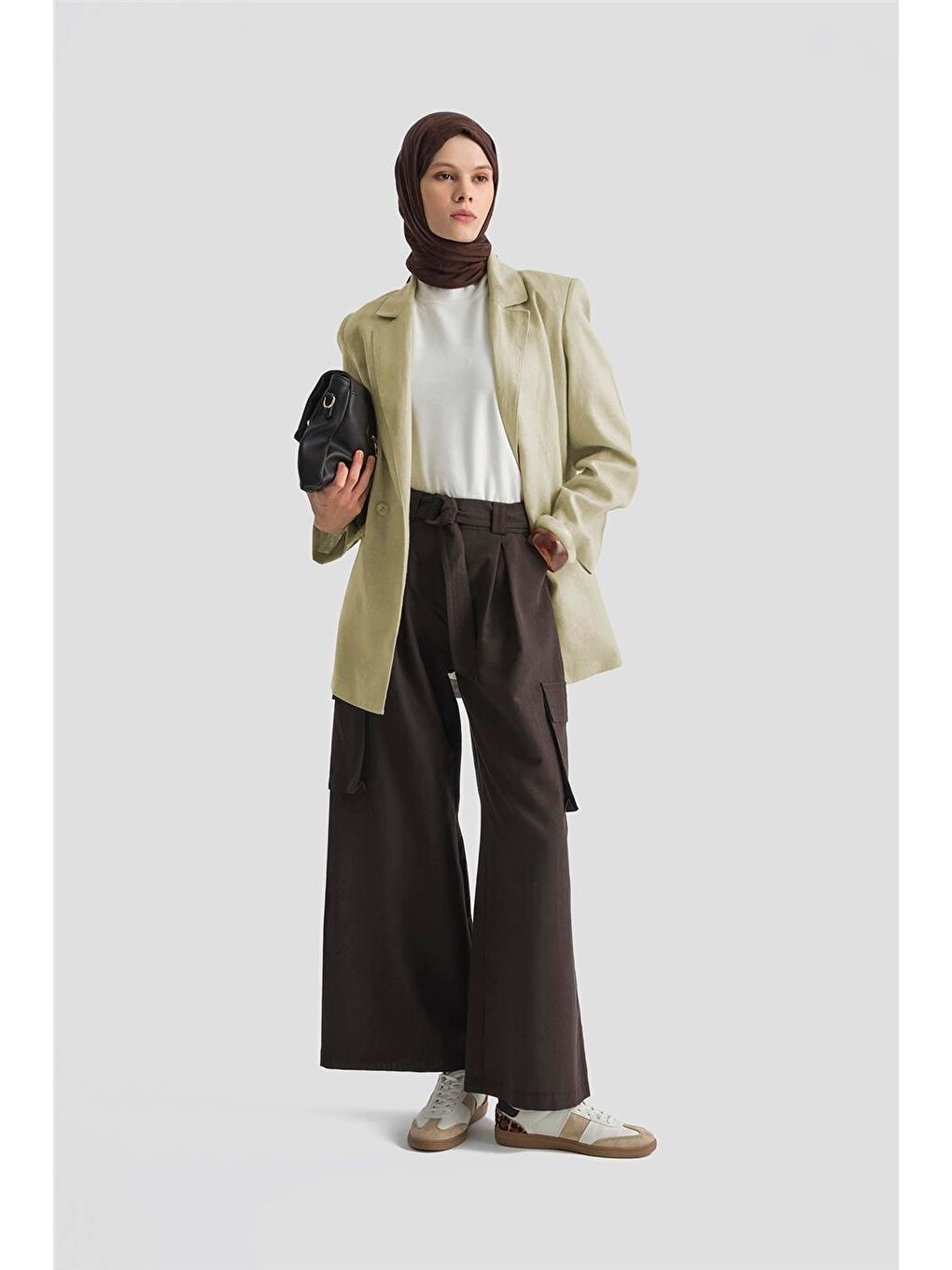 Kahverengi Kargo Cepli Keten Pantolon 25Y2823 Kakao-1