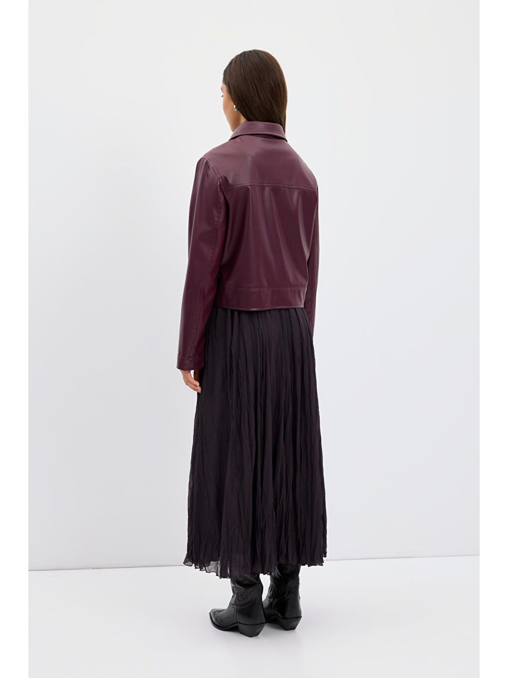 Kısa Suni Deri Ceket Bordo-7