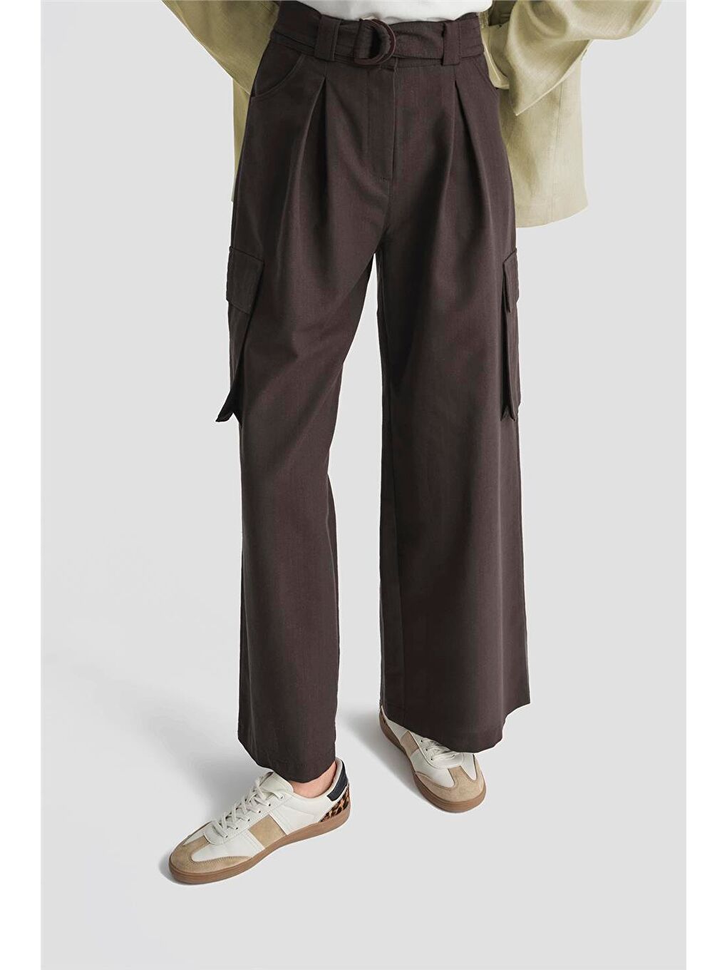 Kahverengi Kargo Cepli Keten Pantolon 25Y2823 Kakao-2