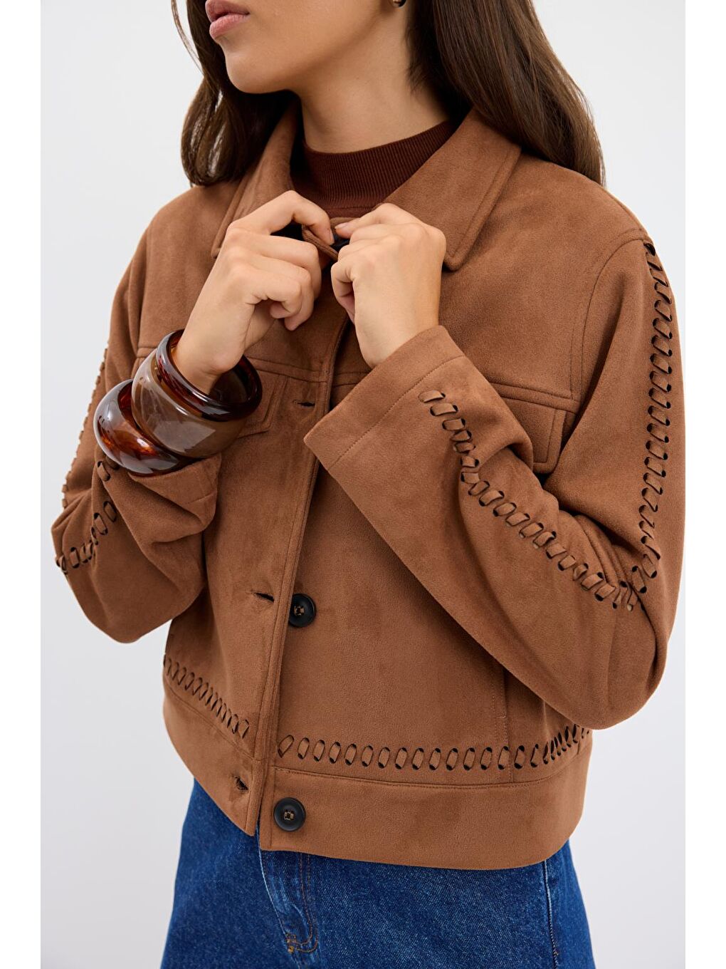 Kahverengi Örgü Detaylı Cepli Kısa Süet Ceket Taba-8