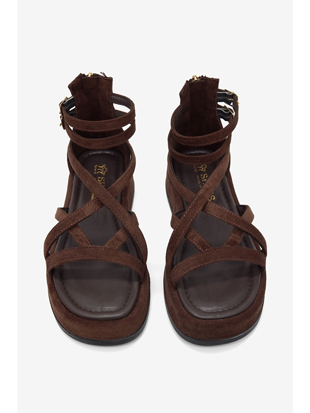 Kahverengi Kadın Kahve Süet Rahat Kalıp Çapraz Bantlı Çift Kemerli Sandalet