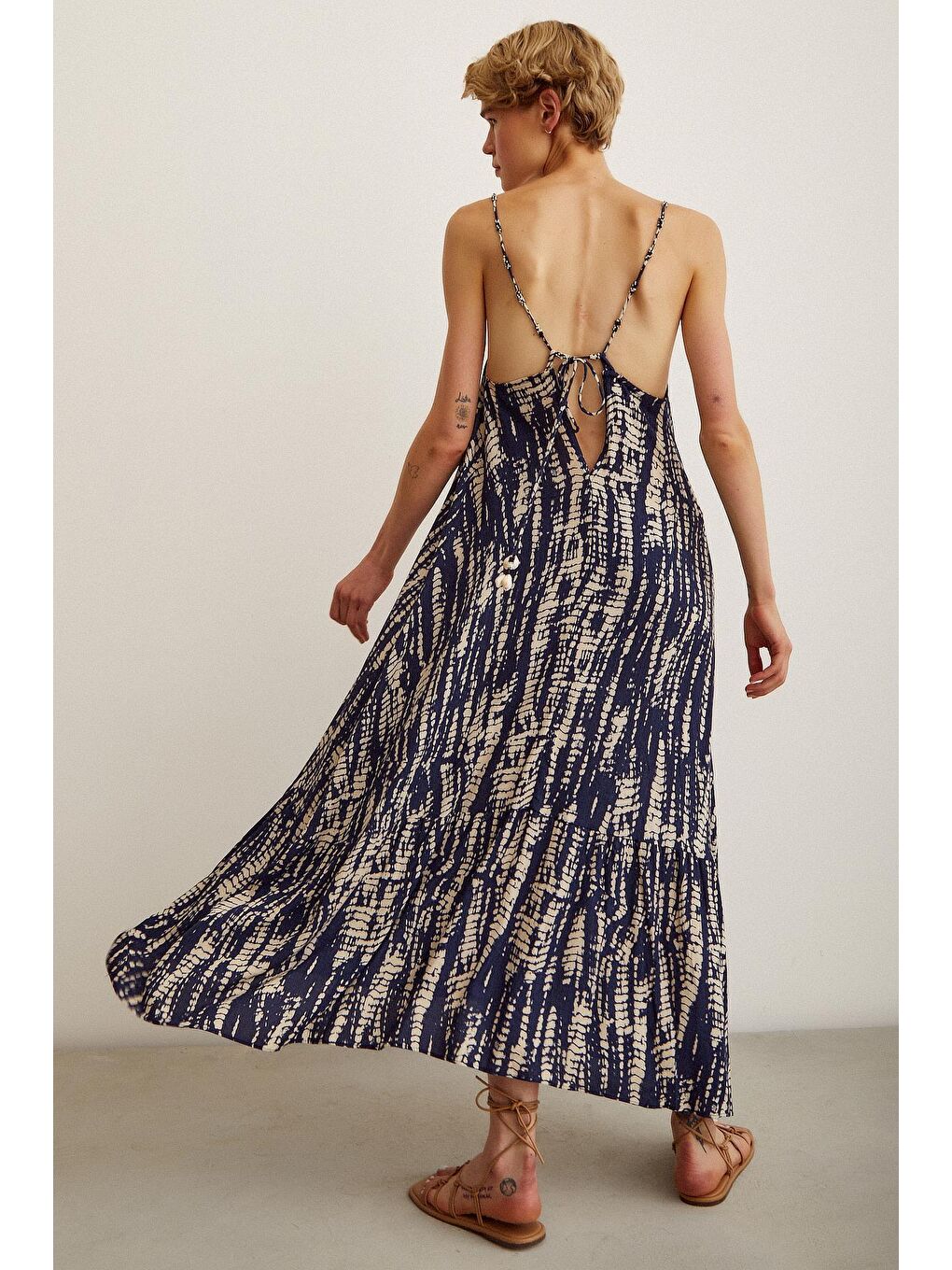 Lacivert Boncuk Askılı Salaş Elbise-2