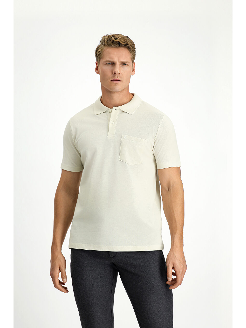 Bej Polo Yaka Regular Fit Nakışlı Pamuk %100 Pamuk Tişört