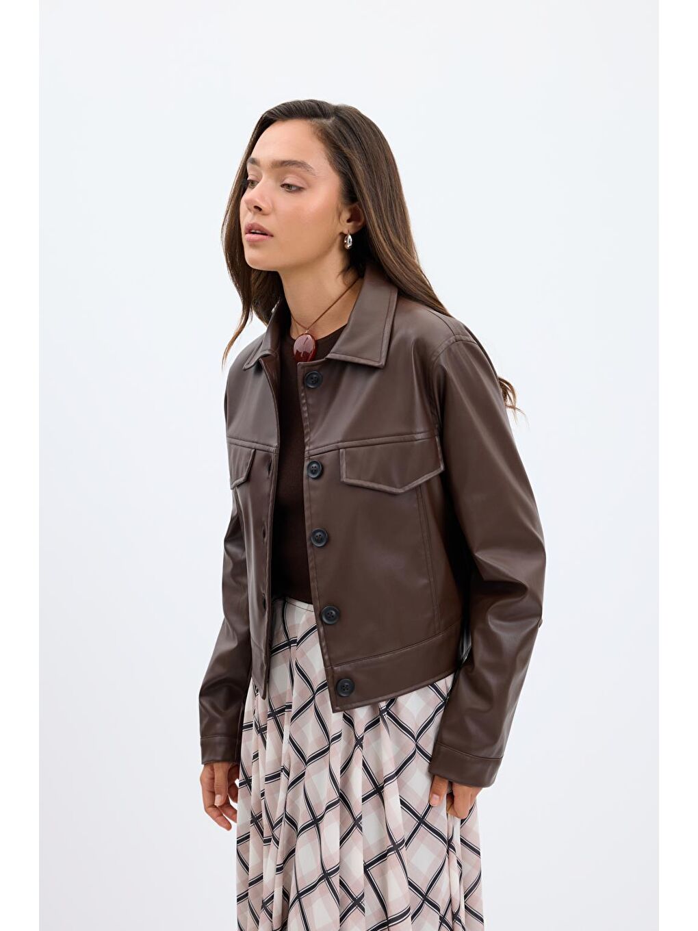 Kahverengi Kısa Suni Deri Ceket Kahve-2