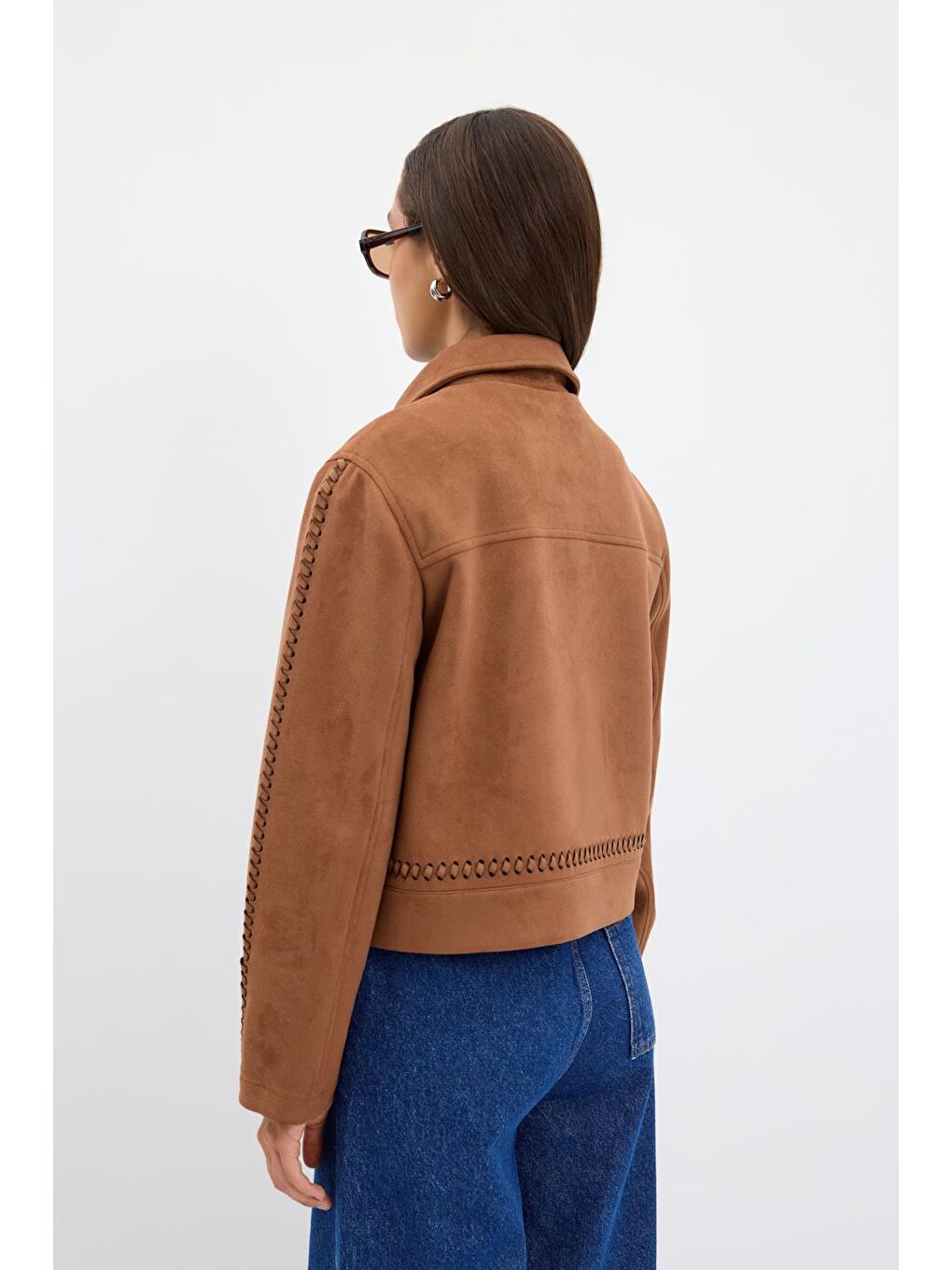 Kahverengi Örgü Detaylı Cepli Kısa Süet Ceket Taba-9