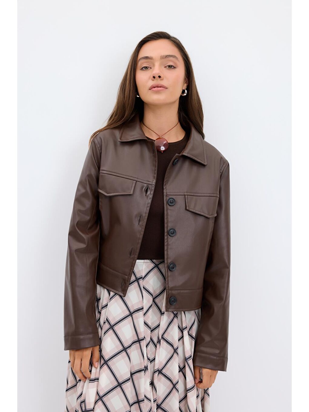 Kahverengi Kısa Suni Deri Ceket Kahve-4