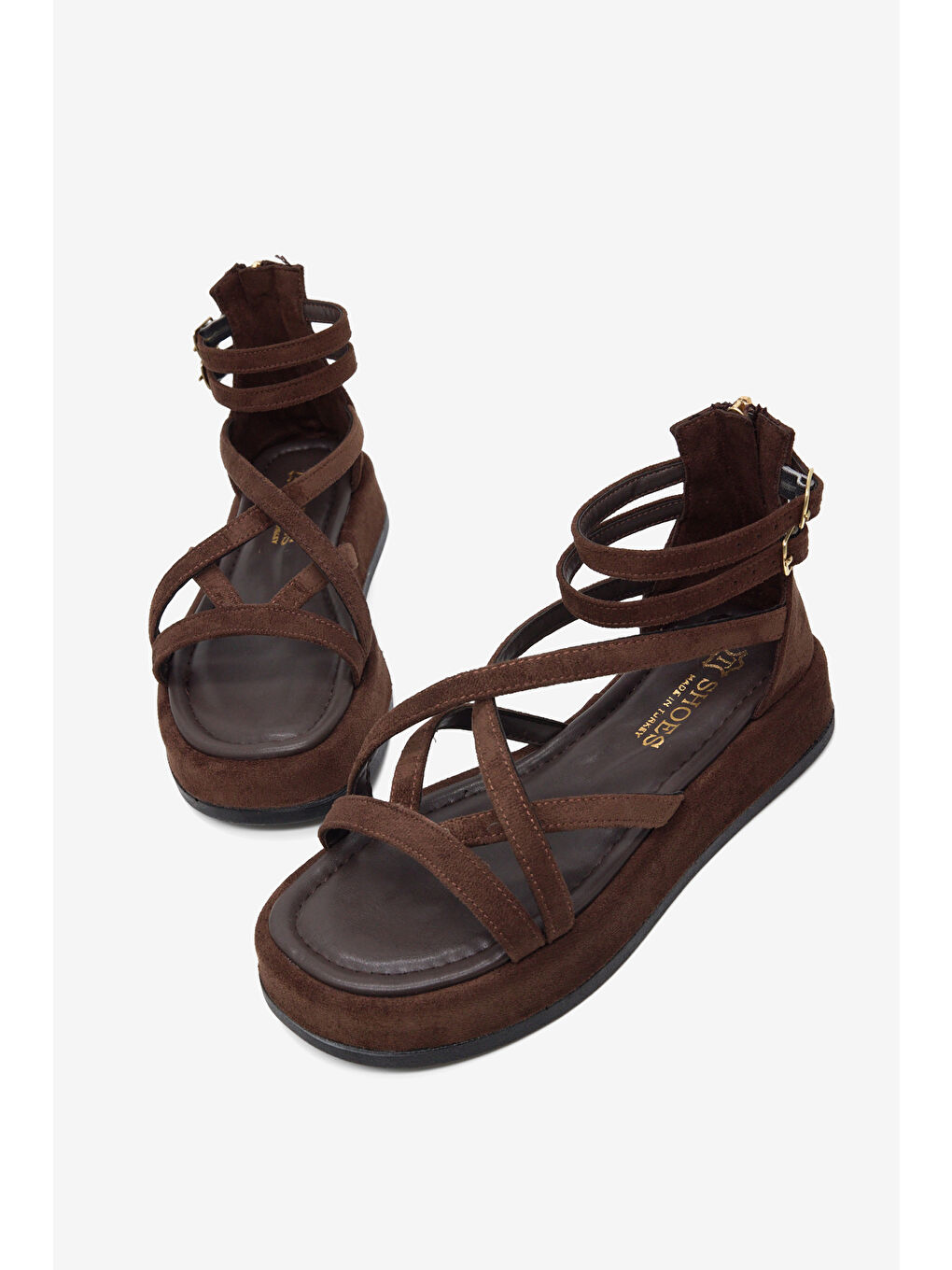 Kahverengi Kadın Kahve Süet Rahat Kalıp Çapraz Bantlı Çift Kemerli Sandalet-1