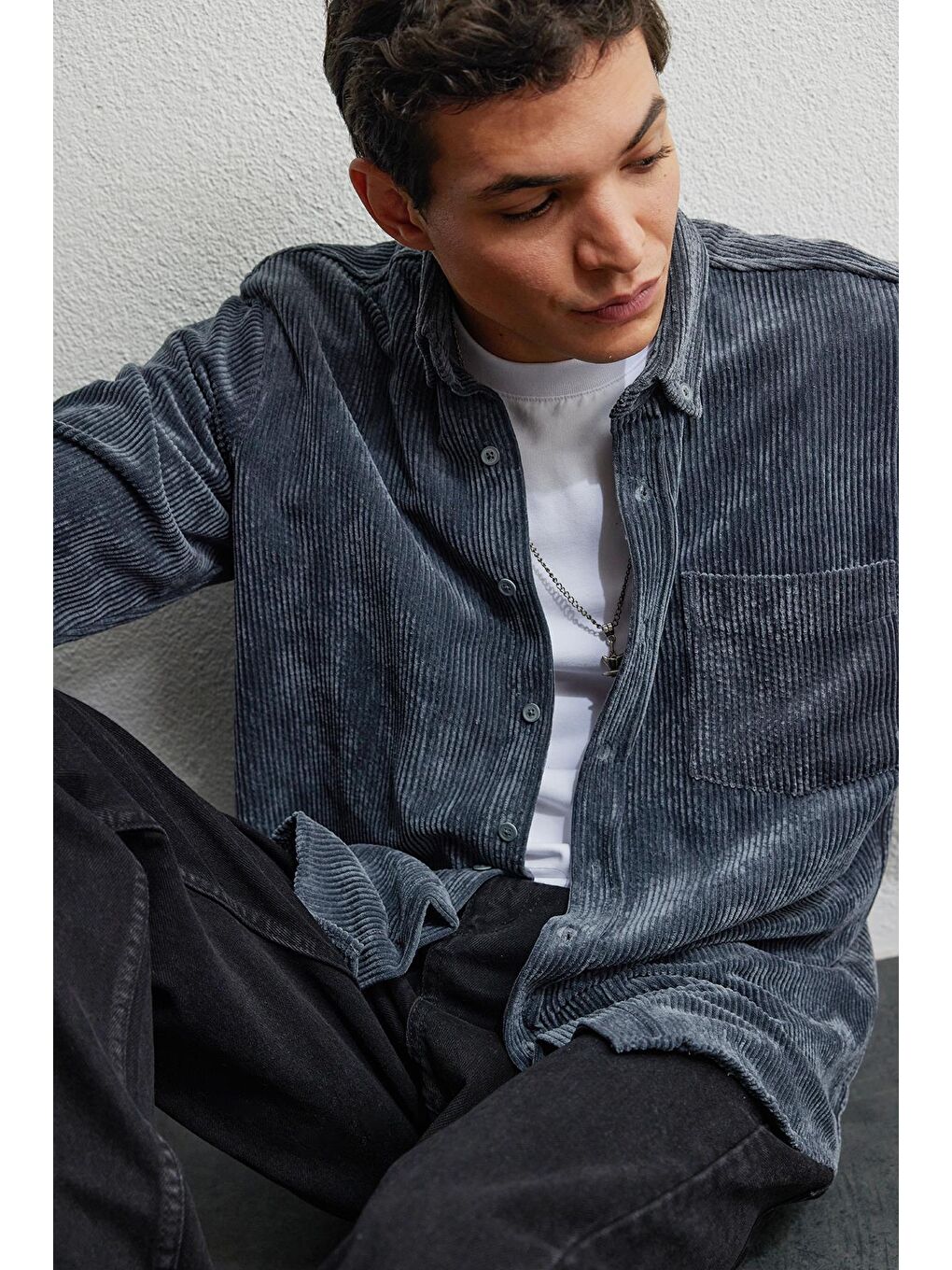 Erkek Regular Fit Rahat Kesim Fitilli Kadife Görünüm Düğmeli Yaka Gri Ceket Gömlek-1