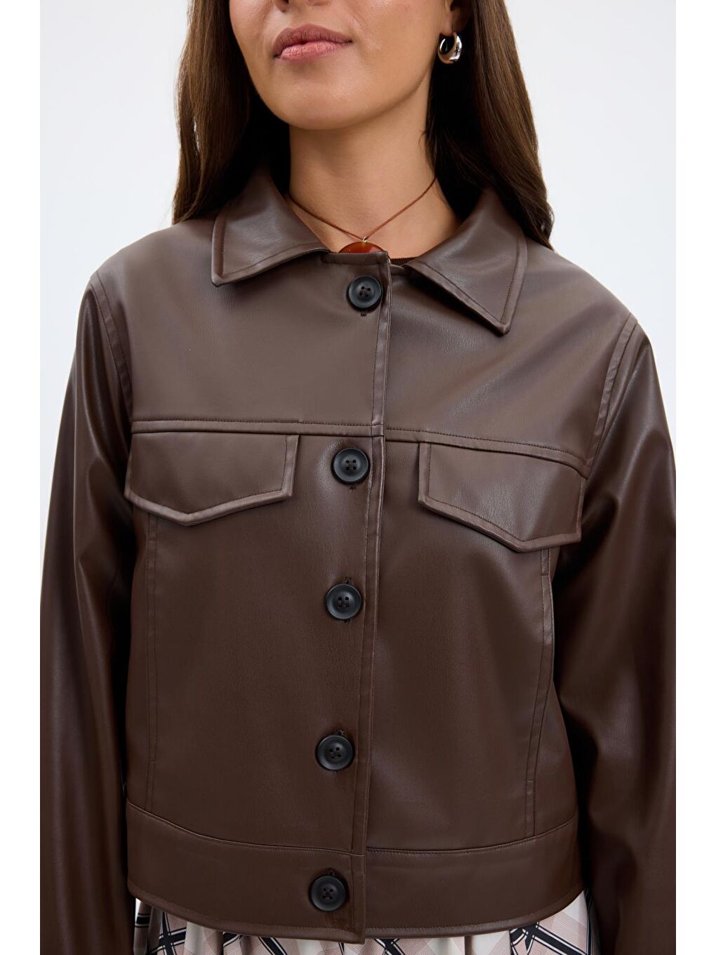 Kahverengi Kısa Suni Deri Ceket Kahve-5