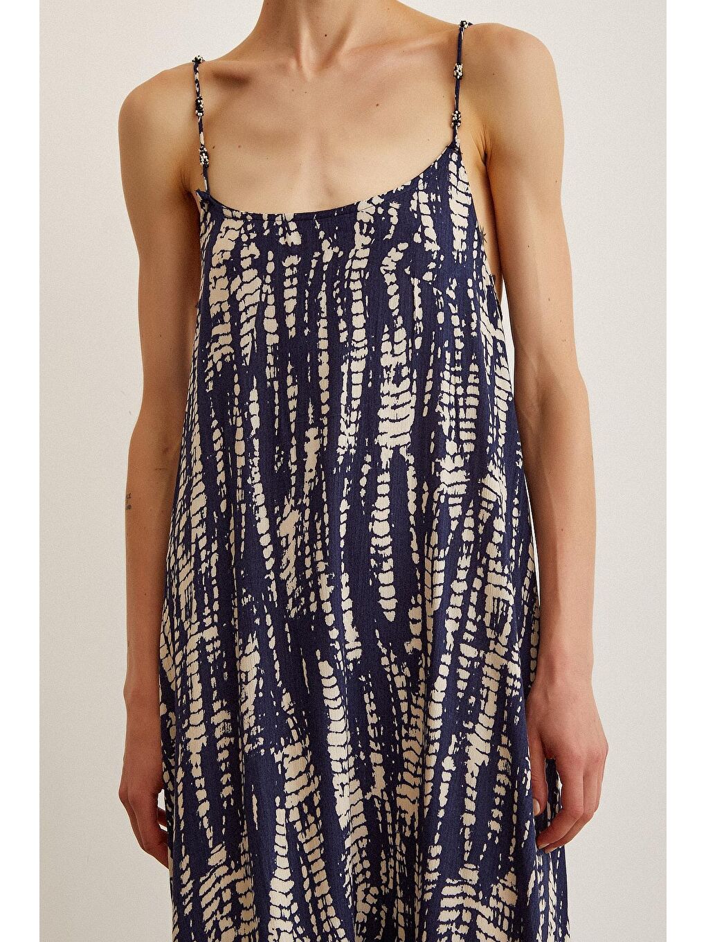 Lacivert Boncuk Askılı Salaş Elbise-4