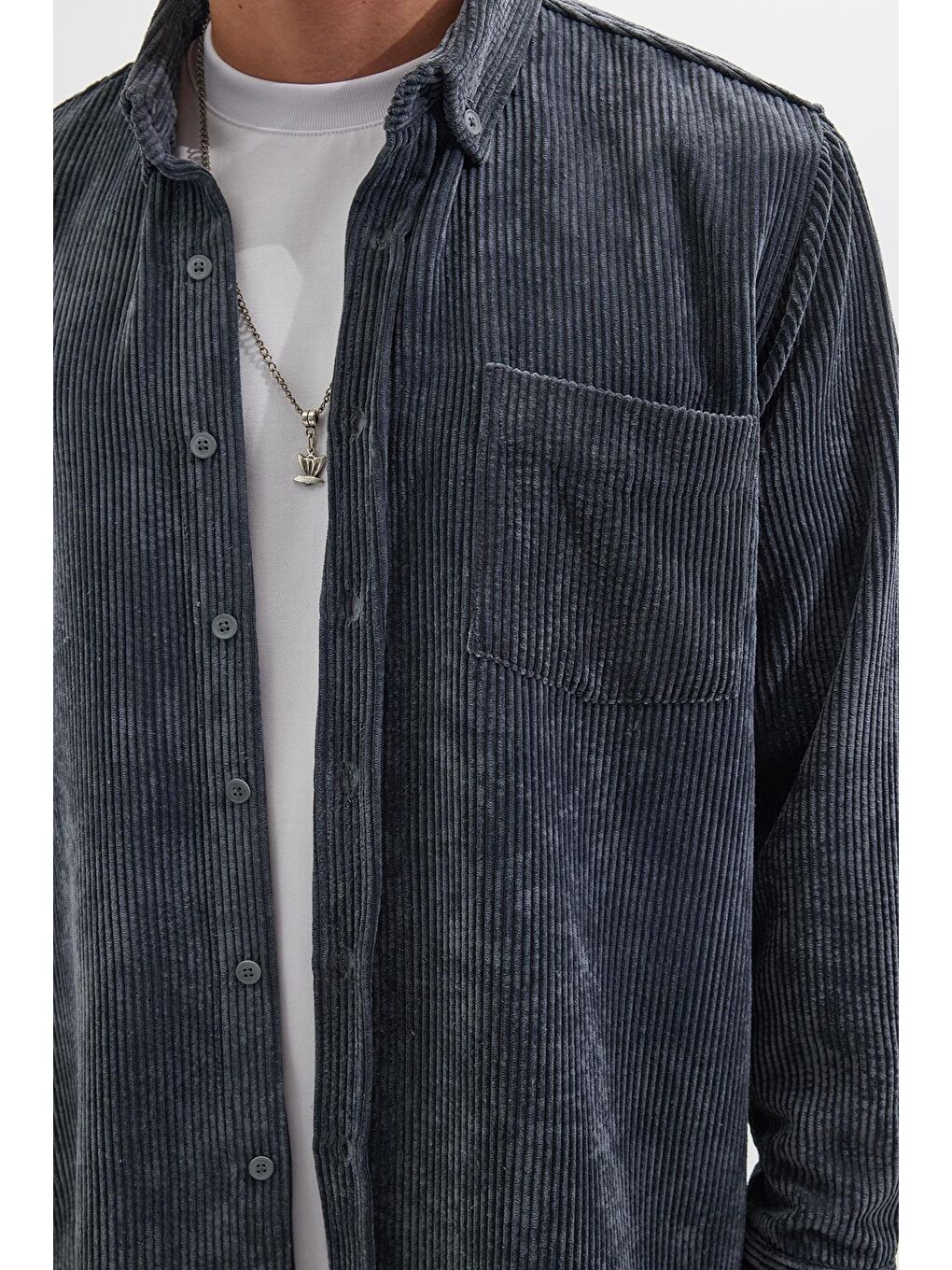 Erkek Regular Fit Rahat Kesim Fitilli Kadife Görünüm Düğmeli Yaka Gri Ceket Gömlek-2