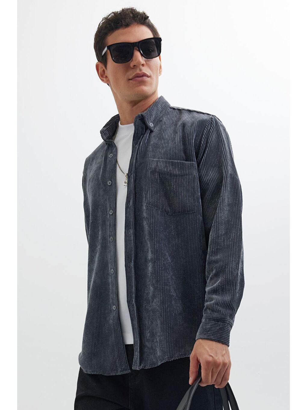 Erkek Regular Fit Rahat Kesim Fitilli Kadife Görünüm Düğmeli Yaka Gri Ceket Gömlek-3