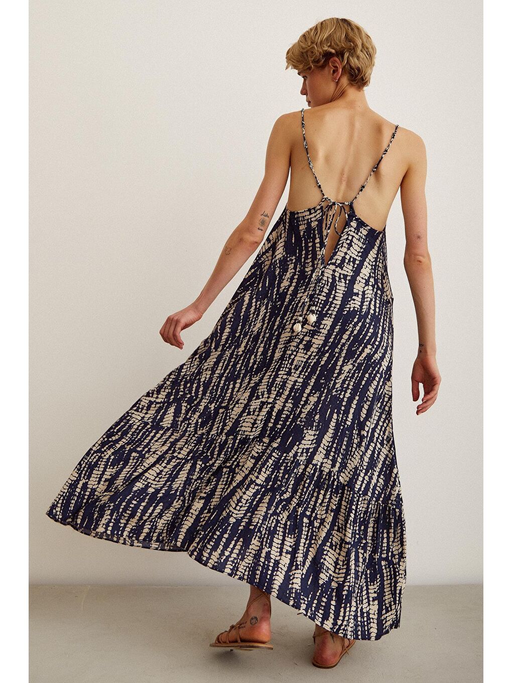 Lacivert Boncuk Askılı Salaş Elbise-5