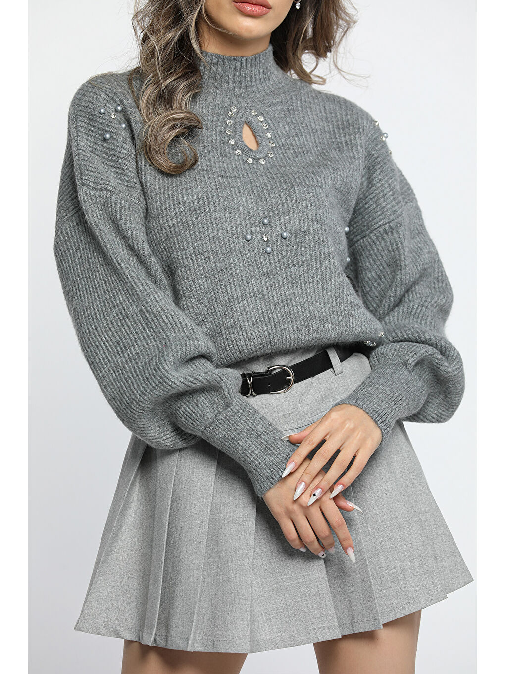 Gri Kadın Ön Pencereli Taş Detaylı Bel Ve Kol Lastikli Triko Bluz-6