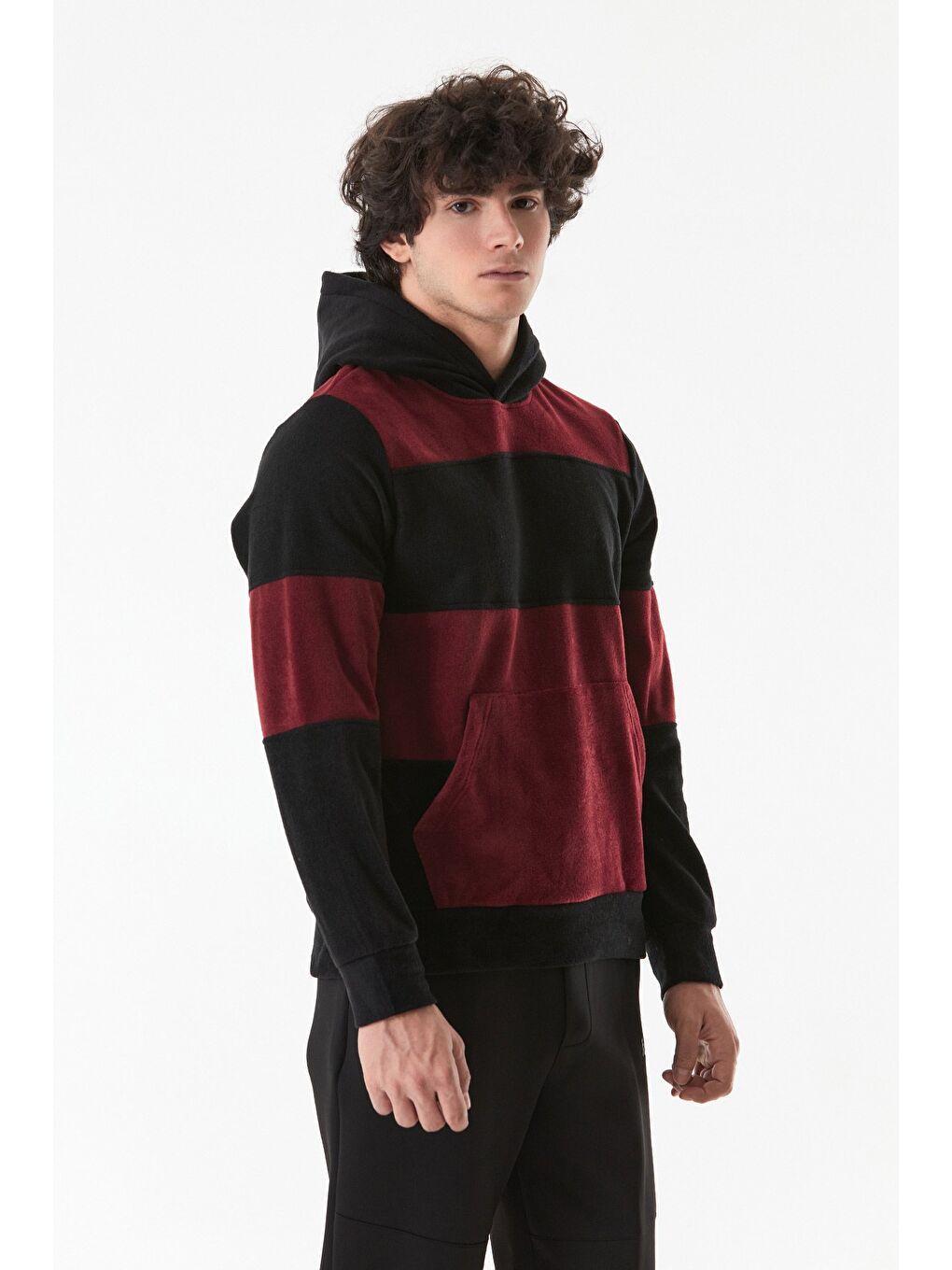 Fullamoda Bordo Renk Bloklu Kapüşonlu Kanguru Cepli Polar Sweatshirt - 3