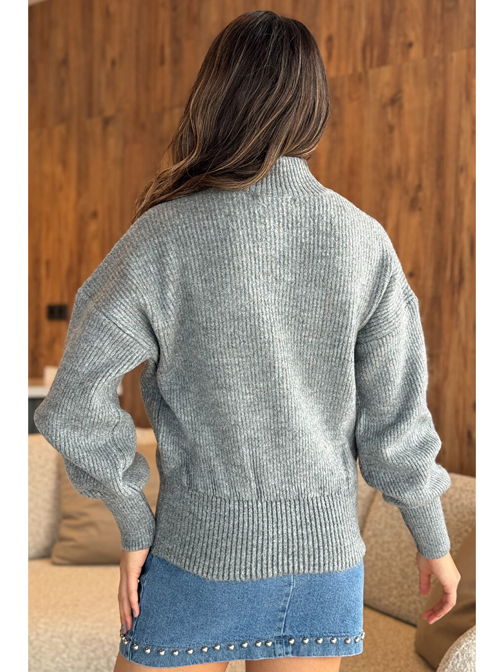 Gri Kadın Ön Pencereli Taş Detaylı Bel Ve Kol Lastikli Triko Bluz-7