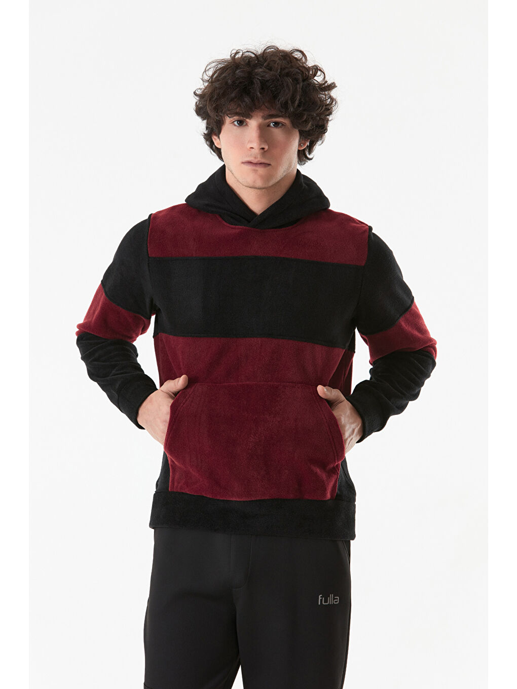 Fullamoda Bordo Renk Bloklu Kapüşonlu Kanguru Cepli Polar Sweatshirt - 4