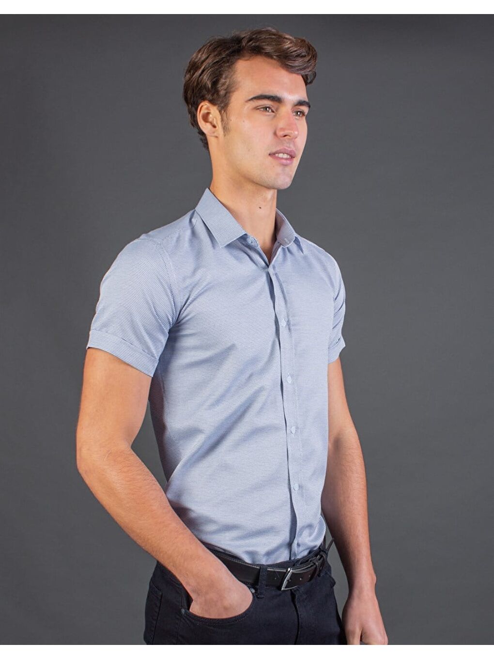 Modern Slim Fit Kısa Kollu Armürlü Erkek Mavi Gömlek-1