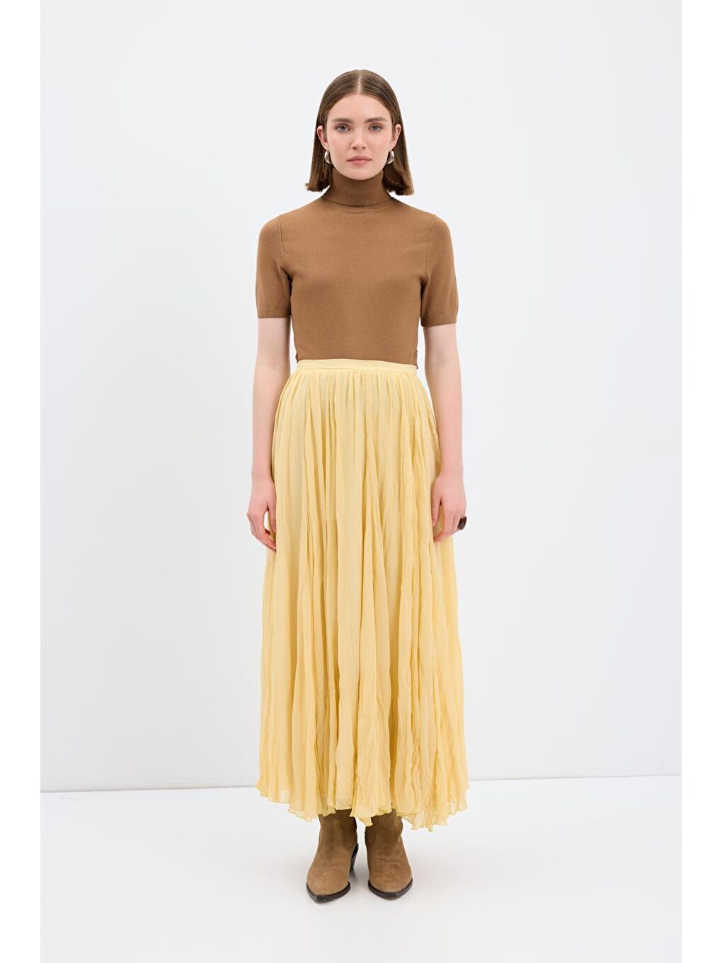 Kırışık Görünümlü Uzun Kloş Etek Sarı-2